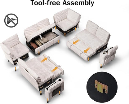 Vipbear 111" Modular Sectional Sleeper Sofa with Pull Out Bed, 8 Seat Plush Corduroy U Shaped Couch with Storage Chaise|USB Ports|Cup Holders|Side Table| Storage Armrests, Tool Free Assembly, Beige