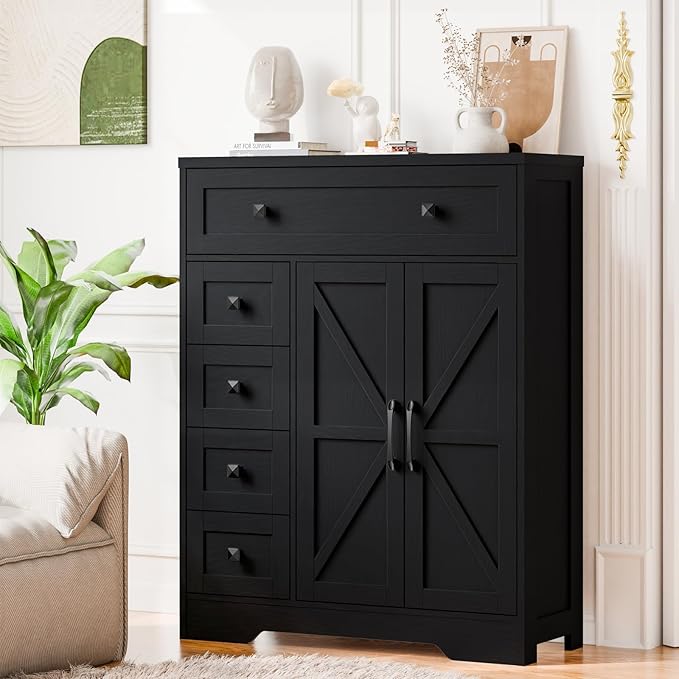 Vabches Farmhouse Storage Cabinet with 2 Doors and 5 Drawers, Freestanding Bathroom Cabinets Kitchen Pantry, Floor Storage Cabinet Hutch Cupboard for Living Room/Bathroom/Kitchen.Pure Black