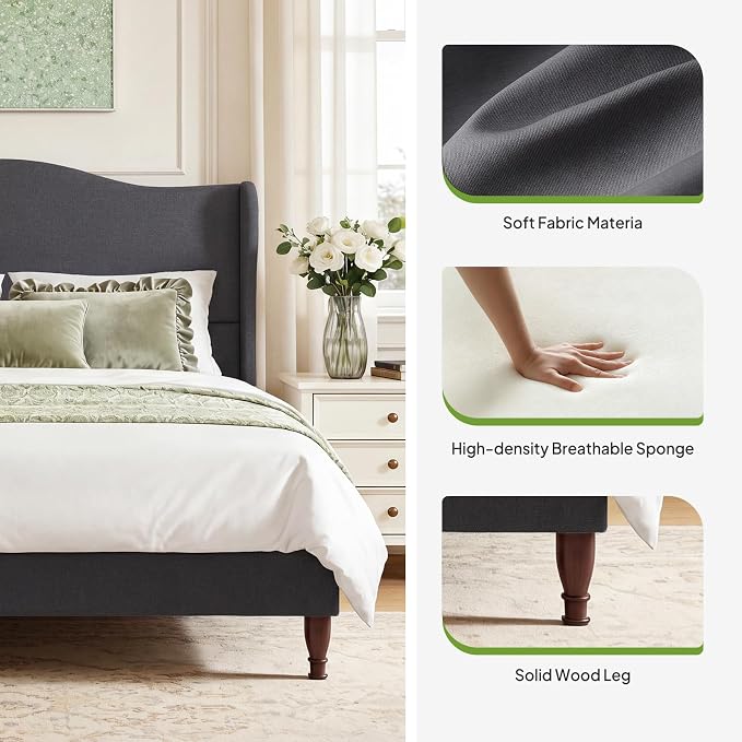 Welzona King Size Bed Frame 51" Tall Wingback Headboard, Soft Fabric Upholstered Platform Bed with Solid Wood Legs and Wooden Slats Support, No Box Spring Needed, Easy Assembly,Grey