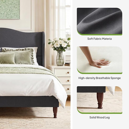 Welzona King Size Bed Frame 51" Tall Wingback Headboard, Soft Fabric Upholstered Platform Bed with Solid Wood Legs and Wooden Slats Support, No Box Spring Needed, Easy Assembly,Grey
