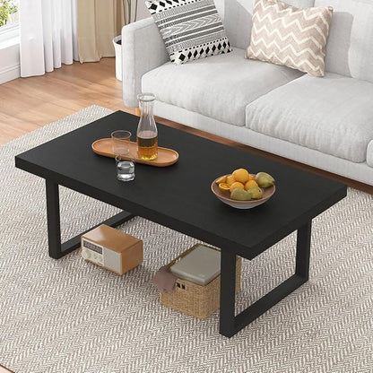 IBF Black Coffee Table, Minimalist Industrial Wooden Center Table, Modern Simple Rectangle Living Room Table, Farmhouse Wood and Metal Cocktail Coffee Table for Home Bedroom Office, Black Oak, 39 inch