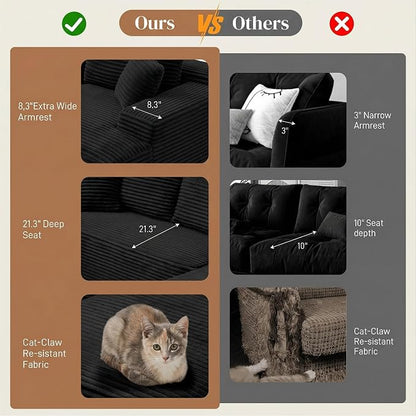 96" L Shaped Cloud Boneless Sectional Couches for Living Room, Modern Comfy Modular Deep Seat Memory Foam Compressed Corduroy Sofa Oversized Right Facing Chaise, No Assembly Required, Balck