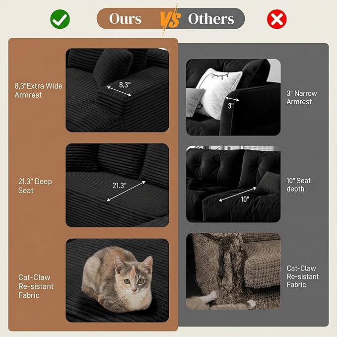 95" L Shaped Cloud Boneless Sectional Couches for Living Room, Modern Comfy Modular Deep Seat Memory Foam Compressed Corduroy Sofa Oversized Right Facing Chaise, No Assembly Required, Balck