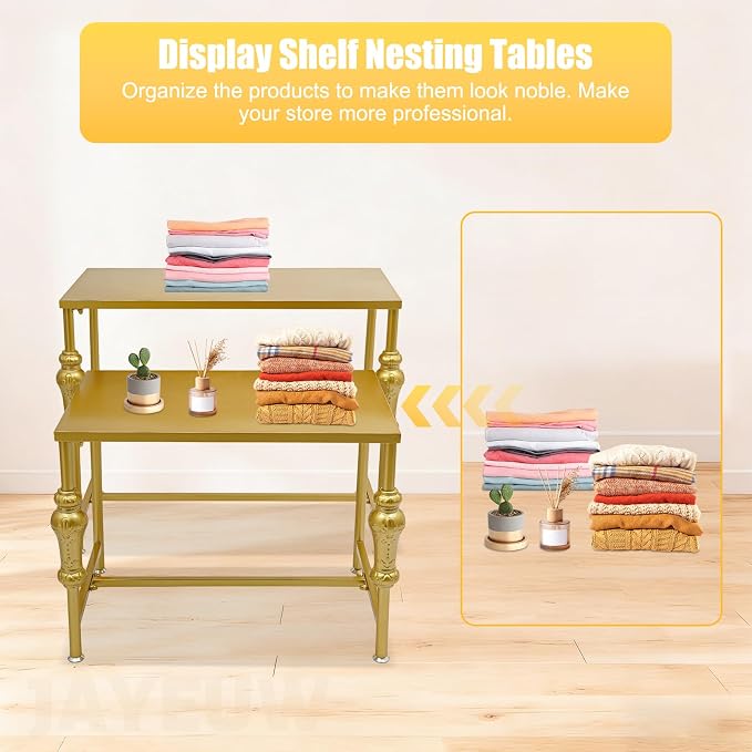 Retail Display Tables Gold Boutique Nesting Tables | 2 Piece Set, Vintage Display Table, Clothing Shoes Display Shelf, For Retail Stores, Carbon Steel