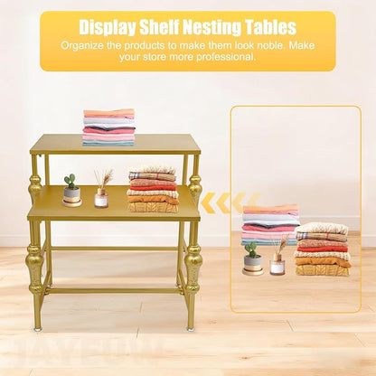 Retail Display Tables Gold Boutique Nesting Tables | 2 Piece Set, Vintage Display Table, Clothing Shoes Display Shelf, For Retail Stores, Carbon Steel