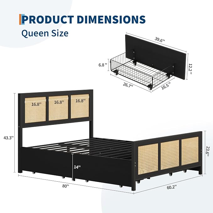 Garvee Rattan Queen Bed Frame with 4 Storage Drawers, Boho Cane Bed Frame with LED Headboard (7 Colors), Strong Metal Slats Support, Noise Free, No Box Spring Needed, Easy Assembly, Black