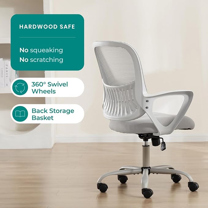 OLIXIS Home Office Chair, Mid Back Computer Ergonomic Mesh Desk with Large Seat, Executive Height Adjustable Swivel Task with Lumbar Support and Armrest, for Adults, Grey