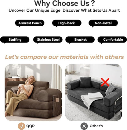 Upgrade High Backrest Design Sofa Bed with Fixed-Shape Frame & Removable Armrests and Backrest, Corduroy Fabric, Convertible Mattress Couch for Small Spaces - No Assembly Needed (Brown)