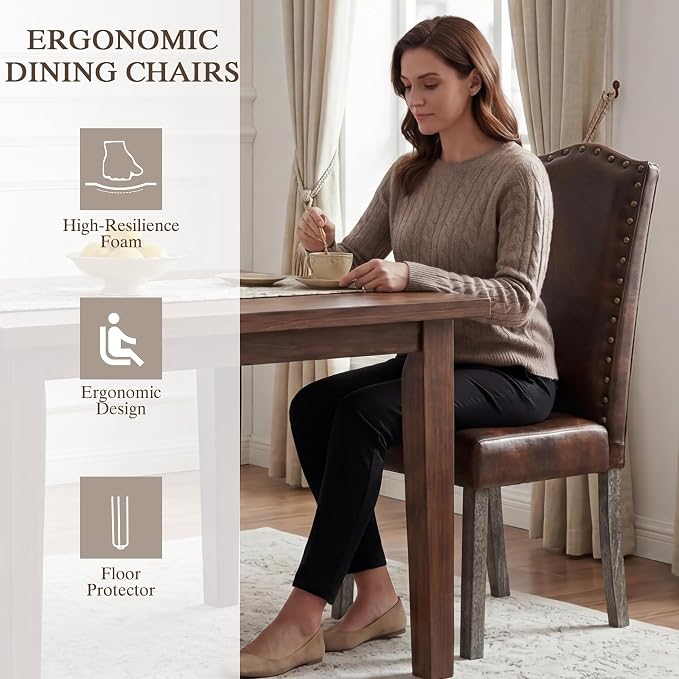 LSSBOUGHT PU Dining Chair Upholstered Parsons Kitchen Chair with Copper Nails and Solid Wood Legs for Dining Room,Restaurant (Vintage Brown, 2PCS)