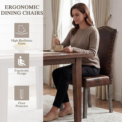 LSSBOUGHT PU Dining Chair Upholstered Parsons Kitchen Chair with Copper Nails and Solid Wood Legs for Dining Room,Restaurant (Vintage Brown, 2PCS)