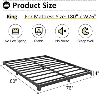 Yicensen 4 Inch Low Profile King Bed Frame with Rounded Corner Legs Heavy Duty Metal King Size Platform Bed Frame No Box Spring Needed, Easy Assembly, Noise Free, Black.