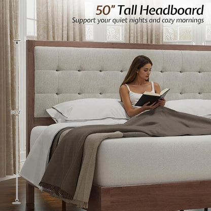Jocisland Solid Wood Full Size Bed Frame 50.2" Tall Upholstered Headboard, Mid-Century Style, Stable Platform Support, No Box Spring Needed, Walnut