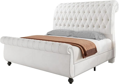 AMERLIFE 55" Tall Sleigh Bed Frame with Scroll Headboard & Footboard, Velvet Upholstered Platform Bed with Deep Button Tufted, Solid Wood Legs, No Box Spring Needed, White, King