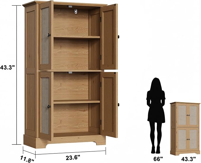 ChooChoo Bathroom Floor Cabinet, Rattan Bathroom Storage Cabinet with 4 Doors and Adjustable Shelves, Freestanding Cupboard for Living Room, Rustic Oak