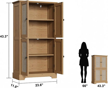 ChooChoo Bathroom Floor Cabinet, Rattan Bathroom Storage Cabinet with 4 Doors and Adjustable Shelves, Freestanding Cupboard for Living Room, Rustic Oak