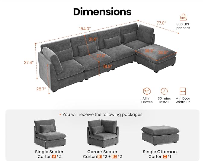 154" Oversized Chenille Couch Modular Sectional Sofa, Washable Cloud Couch Sectional with Ottoman, 5 Seater Sectional Couches for Living Room, Fully Cover Removable, L Shaped, Chenille, Grey
