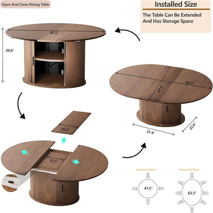 Dining Table for 4-6, 63“Extendable Round Dining Room Kitchen Table with 2-Tier Storage Shelf, Fluted Wood Table with Slide Door, Expandable Wood Oval Dinner Furniture with Pedestal Base (Walnut)
