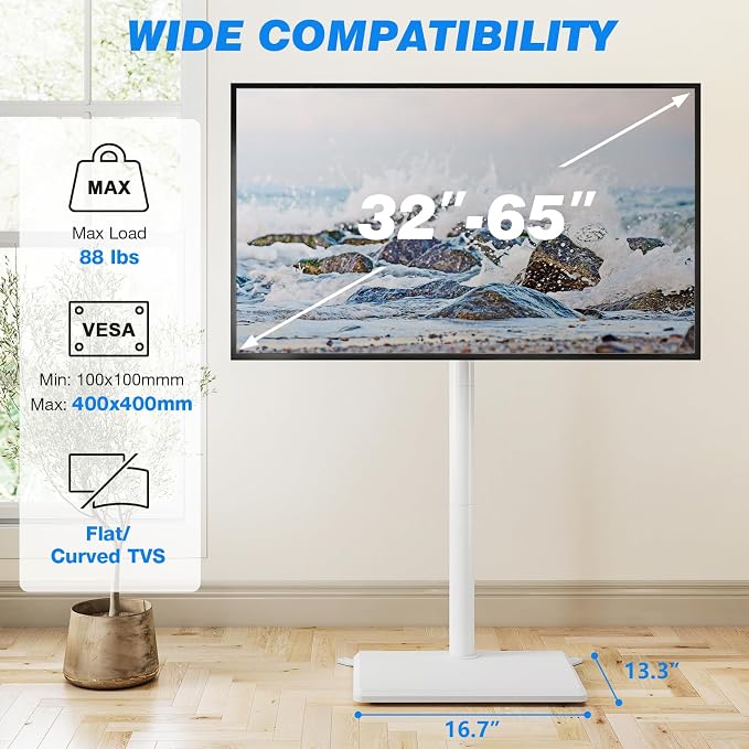 Rfiver Floor TV Stand with Mount for 32-65 inch TVs up to 88 lbs, Swivel Height AdjustableTV Floor Stand, Tall TV Stand with Wood Base, Saving Space Design for Living Room, Bedroom and Corner