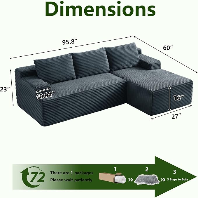 96" Modular Sectional Sofa, Modern Corduroy Cloud Couch, Boneless Couch Upholstered 3-Seater L-Shaped Sofa for Living Room, No Assembly Required (Dark Grey, Right-Facing Chaise)