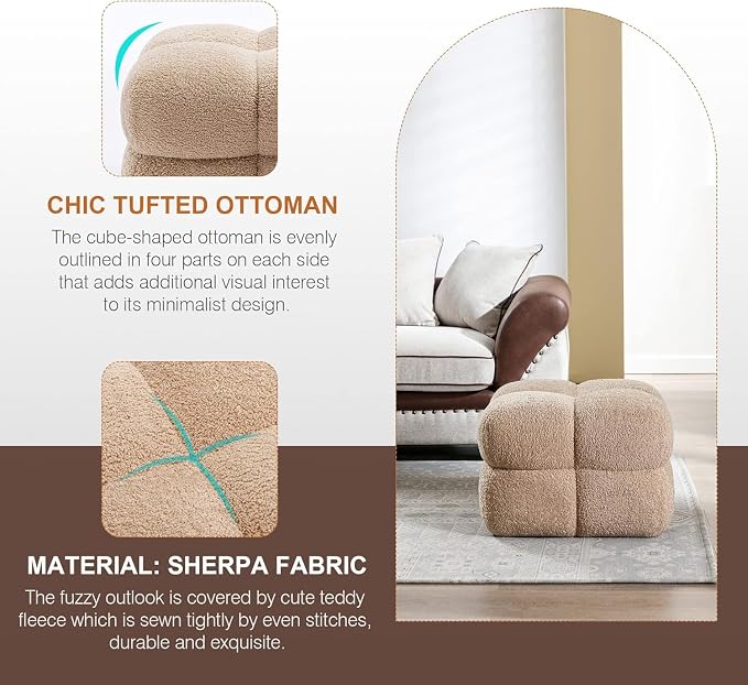 Zesthouse Square Pouf Ottoman Set of 2, Modern Backless Vanity Chair for Bedroom, Tan Fuzzy Foot Rest for Couch, Upholstered Tufted Footstool, Sherpa Fabric Ottoman Coffee Table for Living Room