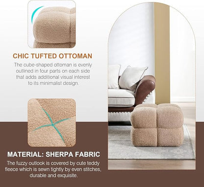 Zesthouse Square Pouf Ottoman Set of 2, Modern Backless Vanity Chair for Bedroom, Tan Fuzzy Foot Rest for Couch, Upholstered Tufted Footstool, Sherpa Fabric Ottoman Coffee Table for Living Room