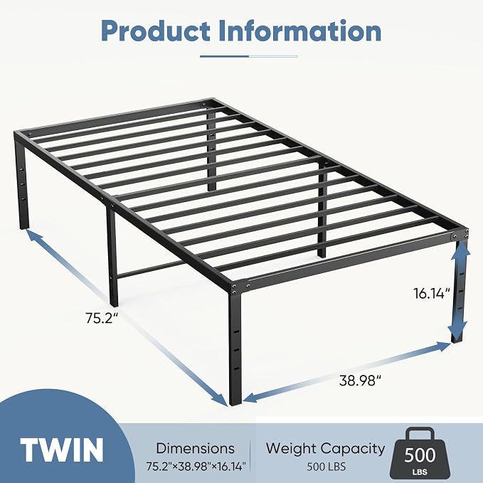 DUMOS Twin Size 16 Inch Bed Frame - Metal Platform Bed Frame Mattress Foundation with Steel Slat Support, No Box Spring Needed, Storage Space Under Base, Easy Assembly, Black