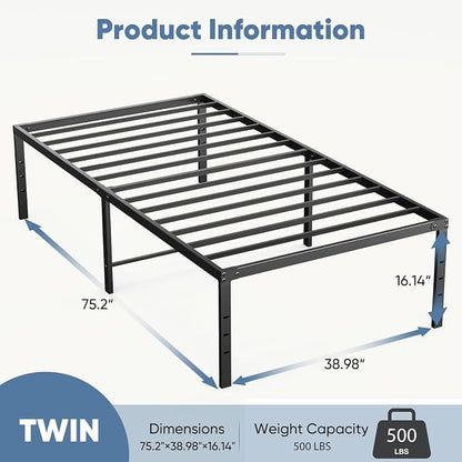 DUMOS Twin Size 16 Inch Bed Frame - Metal Platform Bed Frame Mattress Foundation with Steel Slat Support, No Box Spring Needed, Storage Space Under Base, Easy Assembly, Black