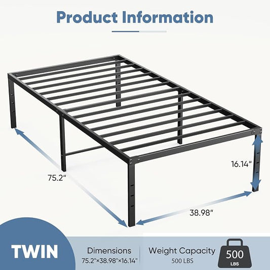 DUMOS Twin Size 16 Inch Bed Frame - Metal Platform Bed Frame Mattress Foundation with Steel Slat Support, No Box Spring Needed, Storage Space Under Base, Easy Assembly, Black