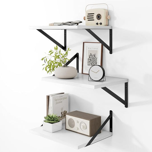 Heimlove Deep Floating Shelves for Wall, Wood Wall, Wide Floating Bookshelf for Living Room, Kitchen, Office, Bedroom and Decor Storage,White with Metal Bracket,16wx12dx5.8h,3Shelves