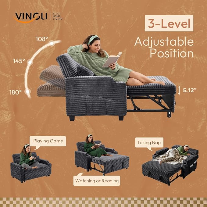 VINGLI Dark Gray Futon Sofa Bed Convertible Loveseat Sleeper Sofa Couch, Corduroy Pullout Sofa Fold Out Couch Bed with USB Ports, Cup Holders, Armrest for Living Room, Bedroom Apartment Room