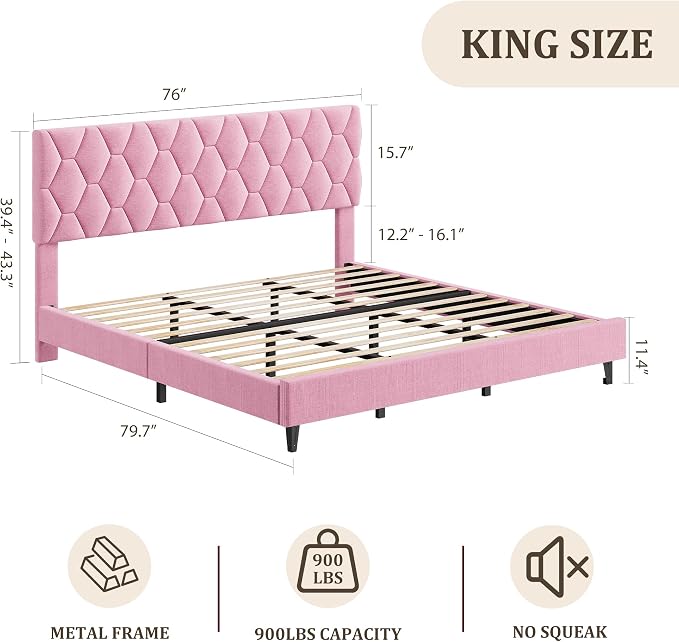 GarveeHome Pink King Bed Frame with Upholstered Headboard, Heavy-Duty Platform Bed Frame with Strong Wood Slats, No Box Spring Needed/Noise Free/Easy Assembly
