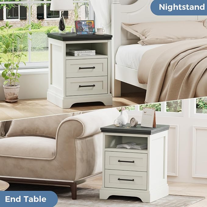 DUMOS Farmhouse Nightstand with Charging Station & USB Ports, Wood Bedside Table with 2 Spacious Storage Drawers and Open Shelf, Minimalist Modern End Table for Bedroom, White