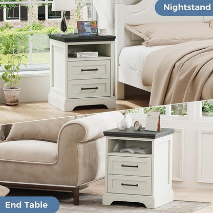 DUMOS Farmhouse Nightstand with Charging Station & USB Ports, Wood Bedside Table with 2 Spacious Storage Drawers and Open Shelf, Minimalist Modern End Table for Bedroom, White