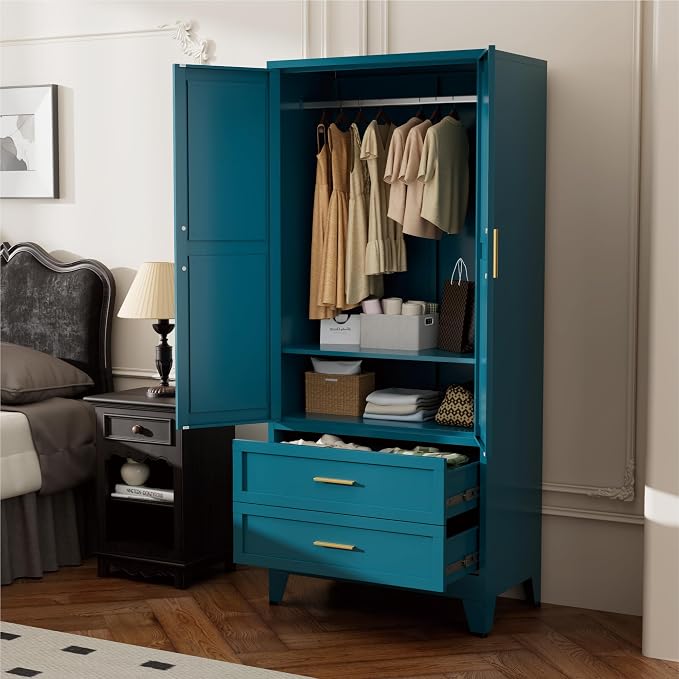 Blue Metal Wardrobe Closet, Armoire Wardrobe with Two Drawers Clothes Cabinet for Bedroom, 71" Tall Farmhouse Steel Armoire Closet with Drawers and 2 Doors Clothing Storage Cabinet with Hanging Rod
