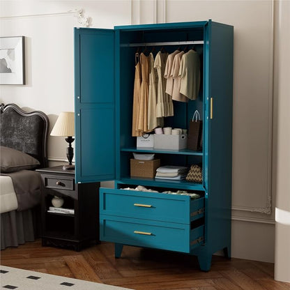 Blue Metal Wardrobe Closet, Armoire Wardrobe with Two Drawers Clothes Cabinet for Bedroom, 71" Tall Farmhouse Steel Armoire Closet with Drawers and 2 Doors Clothing Storage Cabinet with Hanging Rod