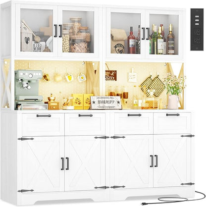 Unikito 71" Tall Kitchen Pantry Storage Cabinet with LED Light & Outlet, 63" Wide Kitchen Hutch Cabinet with Large Countertop, DIY Pegboard and Drawers, Farmhouse Food Pantry for Living Room, White