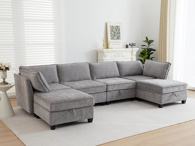 ORRD Oversize Modular Sectional Sofa Set, Convertible U Shaped Couch with Storage, 6 Seater Sofa Modular with Ottomans and Reversible Chaise for Living Room, Office (Grey)