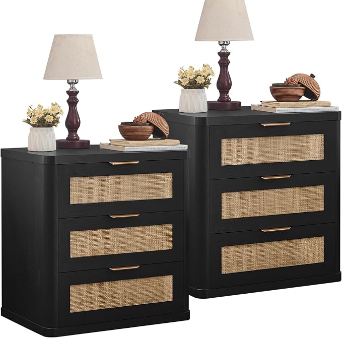 LEYAOYAO Rattan Night Stand with Drawers, 23" Large 3 Drawer Boho Nightstand, Black Bedside Table Storage Cabinet, Bed Side End Tables Dresser for Bedroom, Living Room, Hallway, Closet