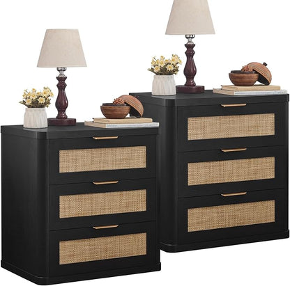 LEYAOYAO Rattan Night Stand with Drawers, 23" Large 3 Drawer Boho Nightstand, Black Bedside Table Storage Cabinet, Bed Side End Tables Dresser for Bedroom, Living Room, Hallway, Closet
