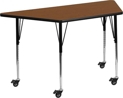 Flash Furniture Mobile 22.5''W x 45''L Trapezoid Oak HP Laminate Activity Table - Standard Height Adjustable Legs