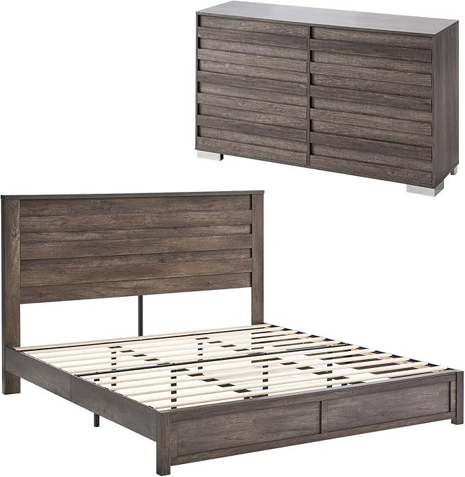 LUXOAK 2 Pcs Bedroom Furniture Sets - Includes 1 X Farmhouse 6 Drawers Dresser, 1X Farmhouse King Size Bed Frame with 49" Tall Headboard, Wooden Platform Bed with Hidden Metal Bed Frame, Rustic Grey