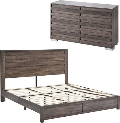 LUXOAK 2 Pcs Bedroom Furniture Sets - Includes 1 X Farmhouse 6 Drawers Dresser, 1X Farmhouse King Size Bed Frame with 49" Tall Headboard, Wooden Platform Bed with Hidden Metal Bed Frame, Rustic Grey