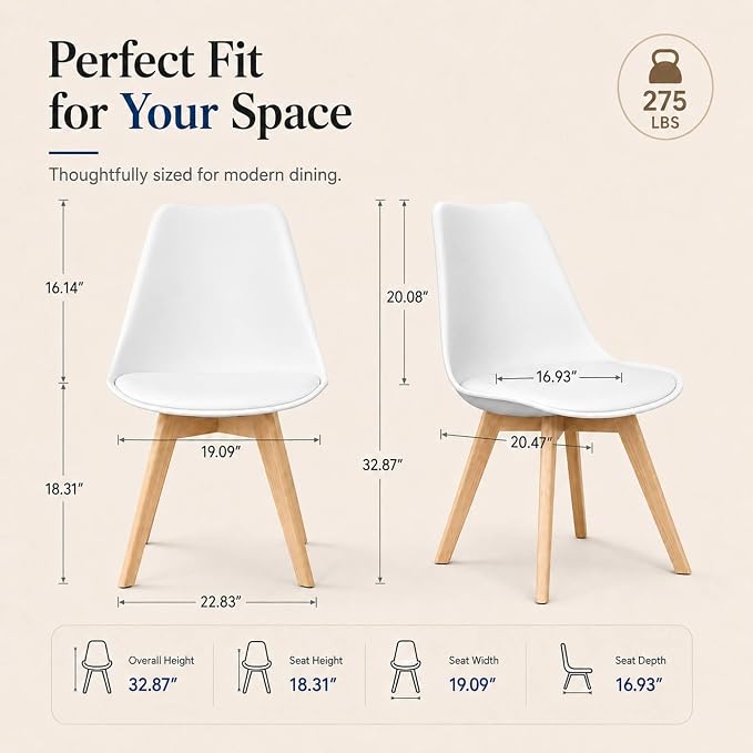 CangLong Dining Chairs Set of 4, Mid Century Modern Kitchen and Dining Chair, Soft Padded Dining Desk Chairs with Wood Legs, for Kitchen, Dining, Living Room & Bedroom, White