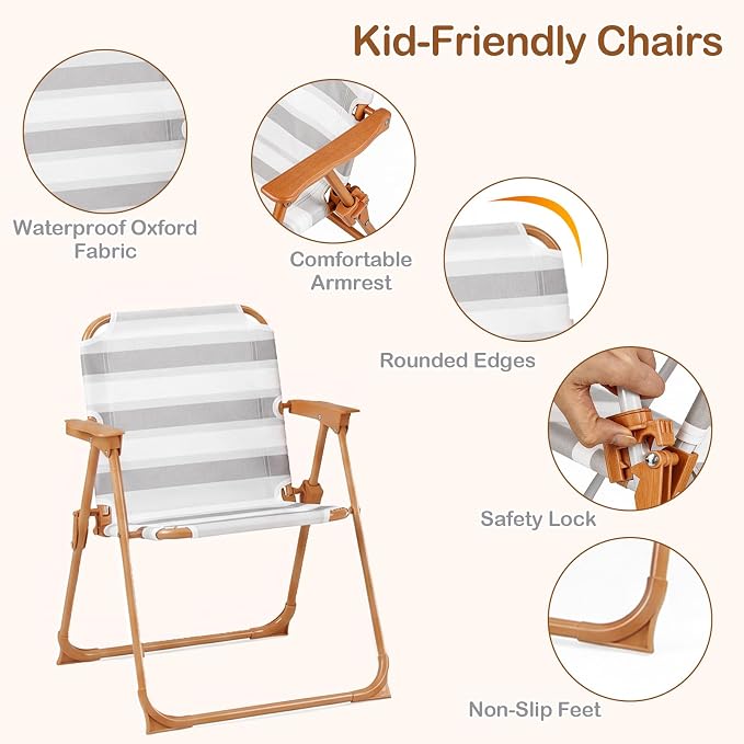 Olakids Kids Picnic Table, Outdoor Toddler Patio Furniture Set with 2 Folding Chairs Adjustable Foldable Umbrella for Garden Backyard Beach (Khaki)