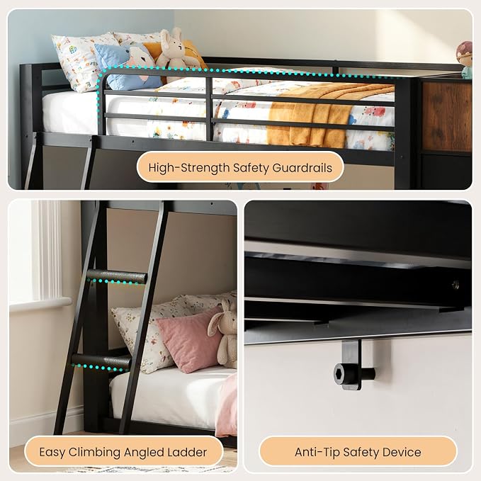 Mixcous Twin Over Twin Metal Loft Bed, Low Bunk Bed with Reversible Storage Dresser, Kids Teens Floor Bunk Bed with Drawers, Full-Length Guardrails, No Box Spring Needed, Black | 6 Drawers