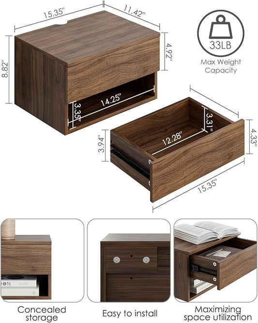 Floating Nightstand, Small Modern Floating Nightstand with Drawer, Floating Shelves for Bedroom, Bathroom (Brown Walnut)