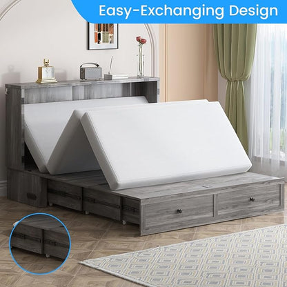 PUREMIND Full Murphy Bed Cabinet with Mattress Included, Bedroom Cabinet Beds with USB Charging Station, Murphy Chest Bed with Storage Drawers, Horizontal Wallbed for Guest Room Grey