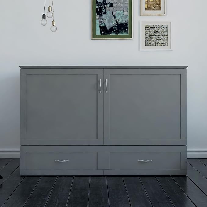 AFI Hamilton Queen Murphy Bed Chest with Mattress, Storage, and Built-in Charger in Grey
