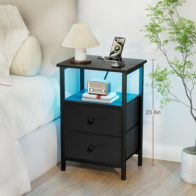 LOAKEKEL LED Night Stand with Charging Station, Small Bedside Table with USB Ports & Outlets, 2 Fabric Storage Drawers with PU Finish for Bedroom, Black, HETS02BK-1