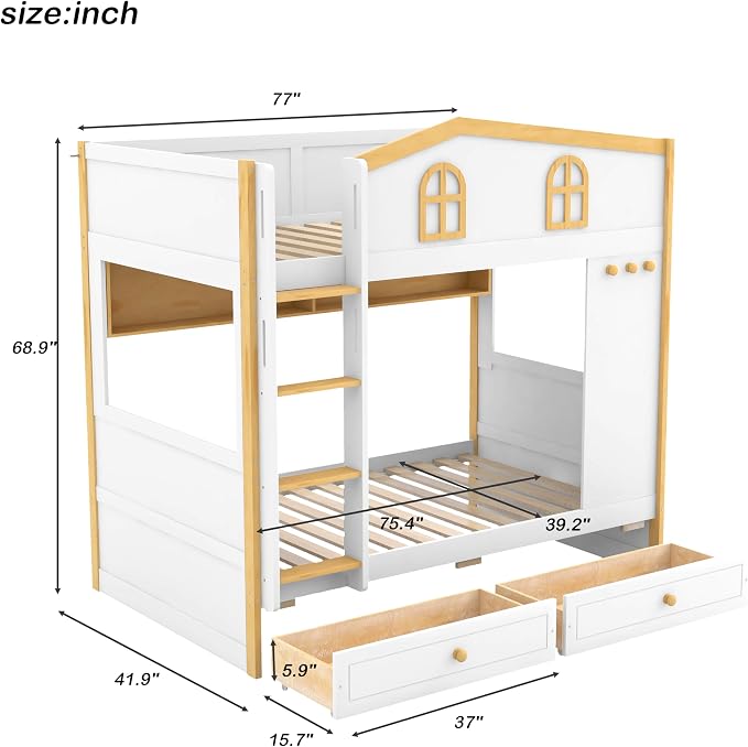Merax Twin Over Twin Size House Bunk Bed with Storage Shelves & 2 Drawers, Solid Wood Space-Saving Loft Bed Frame with Safety Guardrails for Bedroom, White+Natural